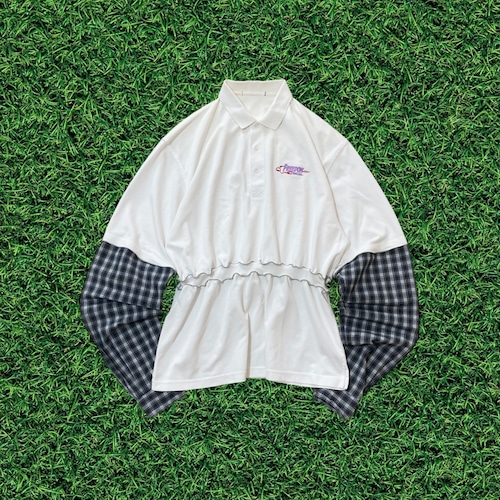 【リメイク古着】再構築mellowフリル個性派企業ロゴ入りポロシャツ×チェックシャツ