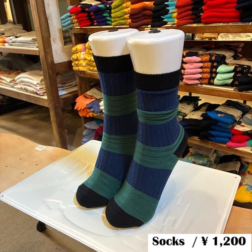 TOPANGA Socks　Lady's 　チューブソックス　グリーン×ネイビー　靴下　レディース　ボーダー　ストライプ　クルーソックス　ギフト　プレゼント　