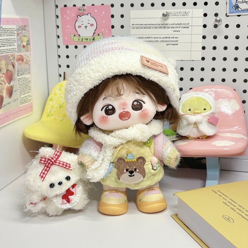 20cmぬいぐるみ用 冬 ニットトップス+サロペット+帽子+マフラー+バッグ
