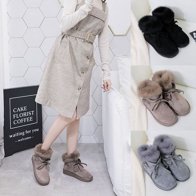 可愛い 暖かい ふわモコファー ムートンブーツ ショートブーツ / Women's cute short tube thick woolen shoes plus velvet short snow boots (DCT-562259841337)