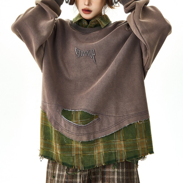 checked faux two-piece sweatshirt　チェック柄フェイクツーピーススウェットシャツ　J1280