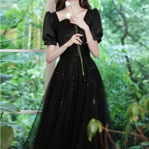 ドレス イブニングドレス ロングドレス ブラック チュールスカート パフスリーブ 大きいサイズ パーティー お呼ばれ 結婚式 発表会 演奏会 エレガント キラキラ 大人 可愛い 着痩せ セクシー