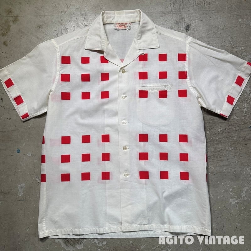 60's McGREGOR マクレガー オープンカラーシャツ ブロック織柄 開襟 ホワイト/レッド 襟芯 Mサイズ 希少 ヴィンテージ BA-2808 RM3229H