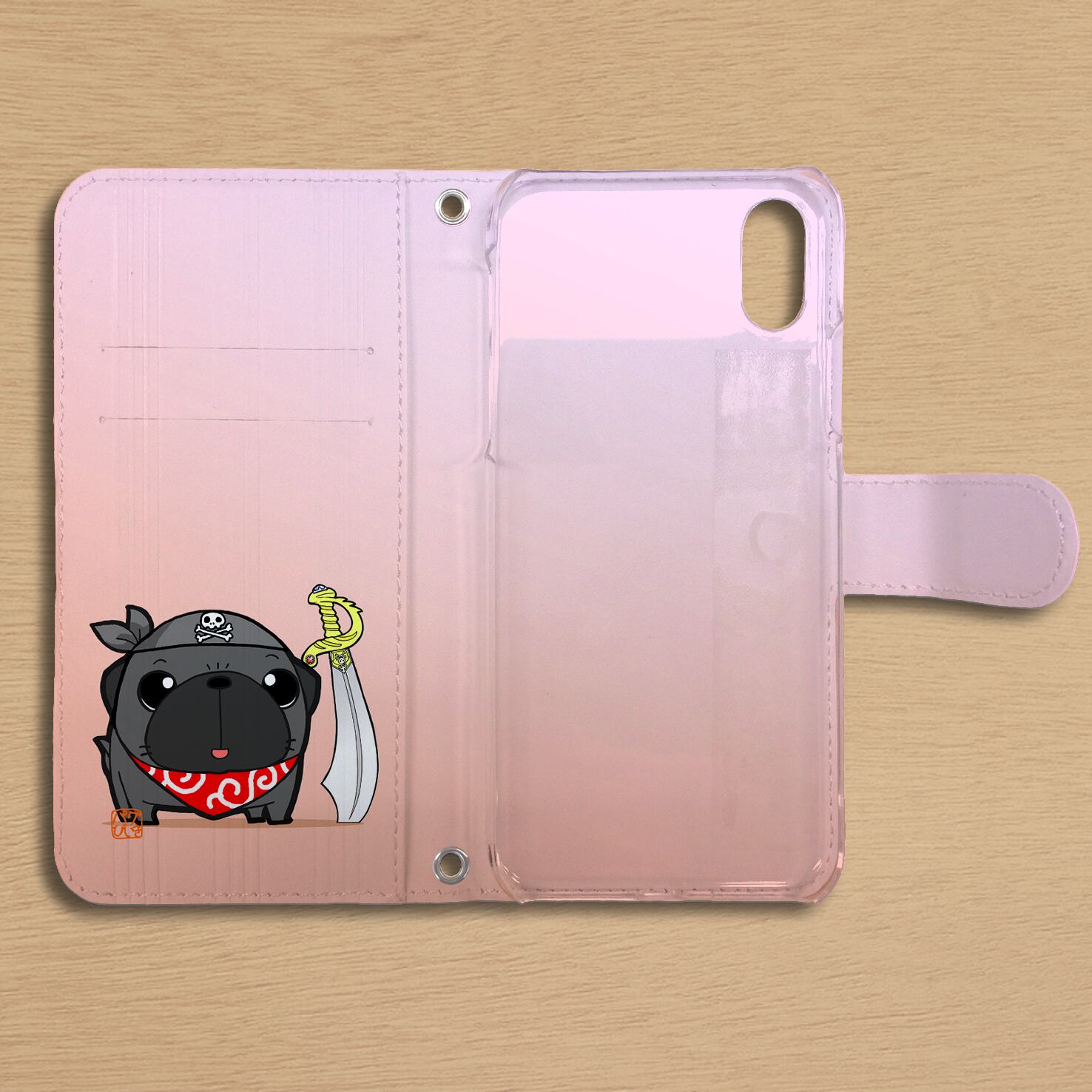 スタンド付き 両面印刷 手帳型 iphoneケース 海賊パグ（黒パグ）