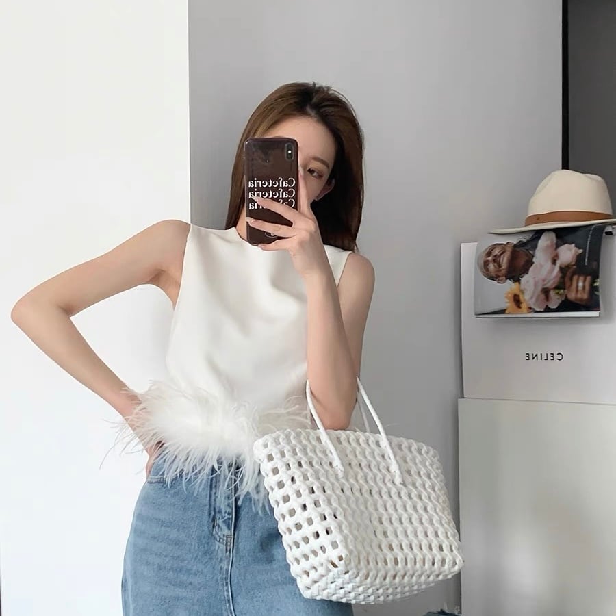 即納】ホワイトフェザーノースリーブトップス T40 | L-clothes