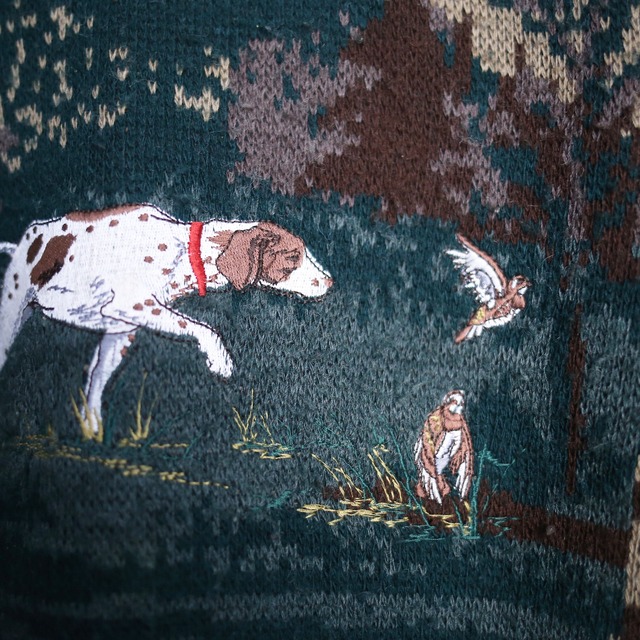 "刺繍" dog and birds forest pattern over size knit sweater