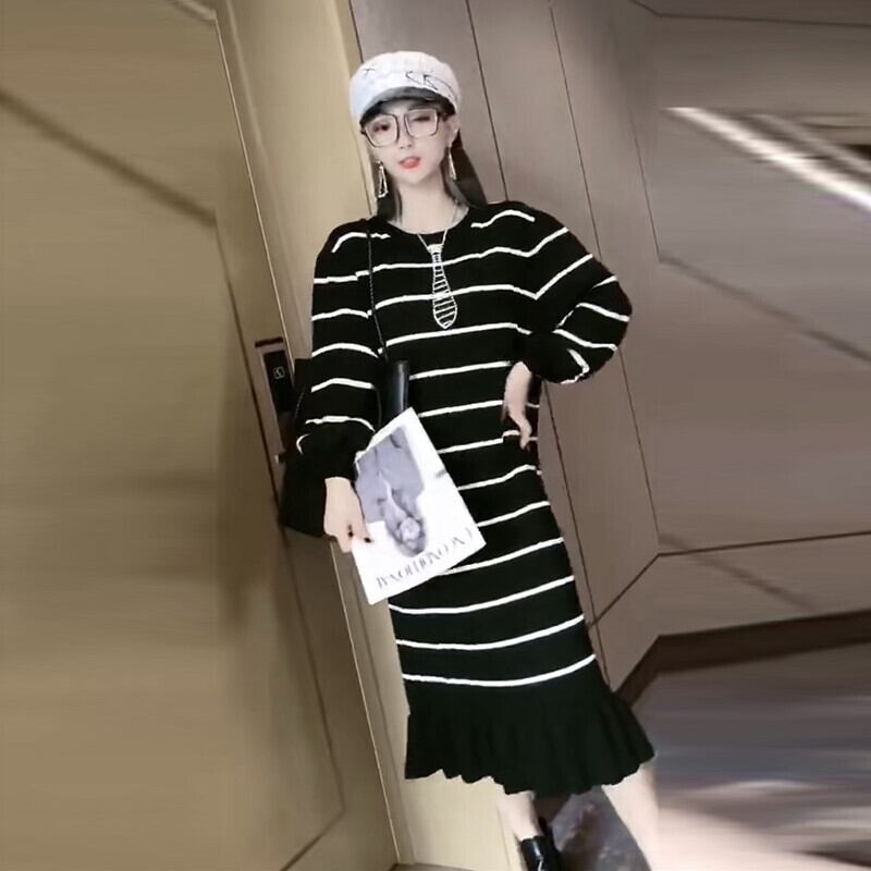 プラスサイズの女性の2020年秋新しい太った姉妹ルーズで薄いシンプルなファッション長袖ニットカジュアルドレス ミックスインファッション62622544096