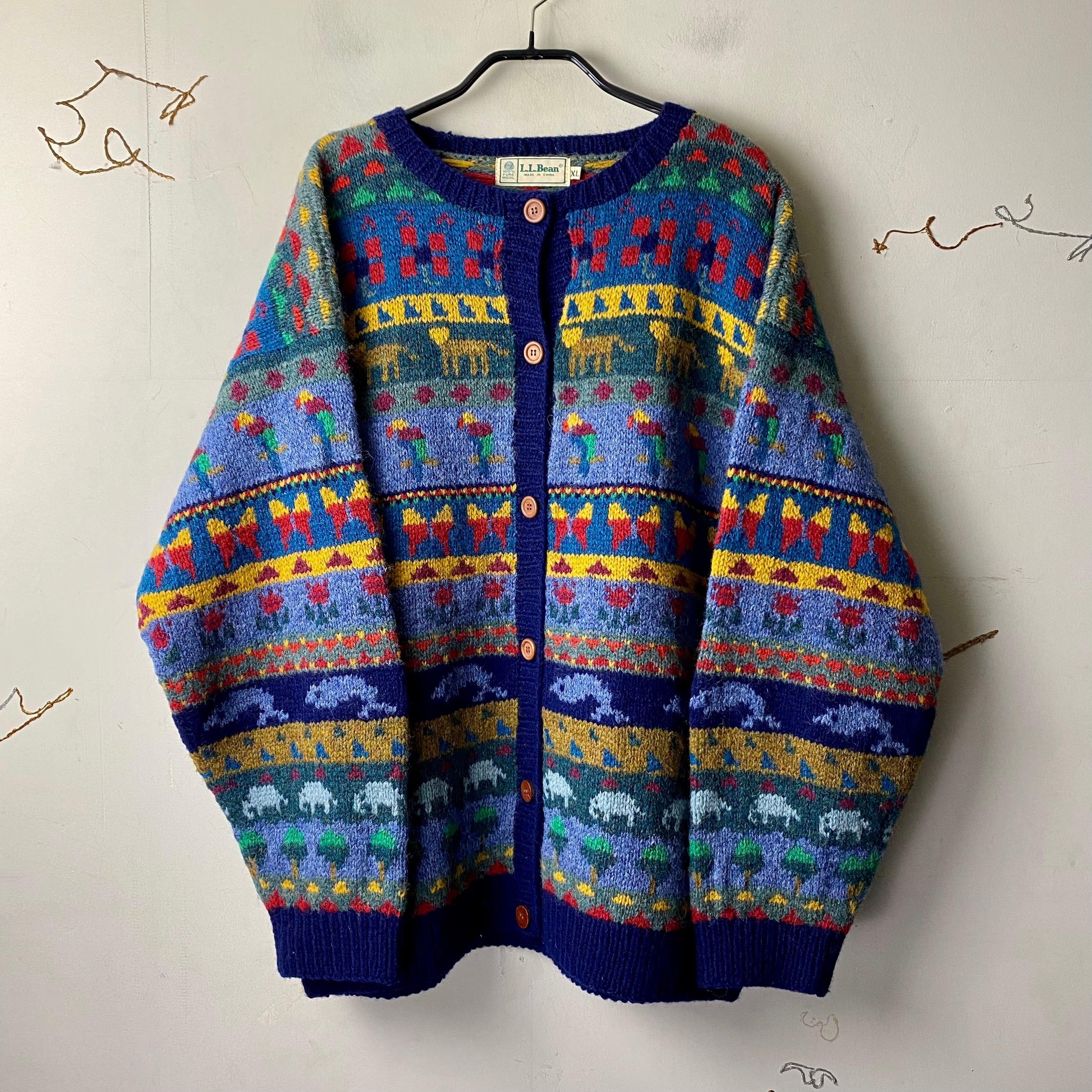 old L.L.BEAN animal pattern multicolor border knit cardigan | NOIR