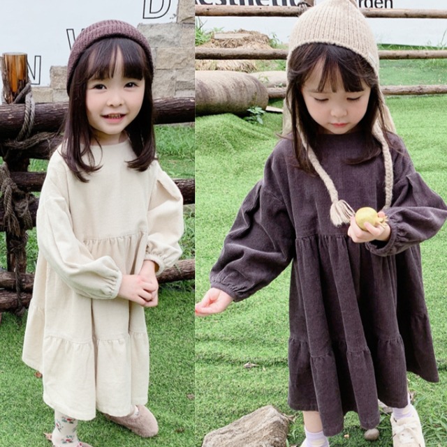 a W 秋 冬 キッズ ゆったり コーデュロイ 長袖 ティアード ワンピース ふんわり 可愛い 女の子 韓国 子供服 ベージュ グレー ホワイト 白 80 130 Clea