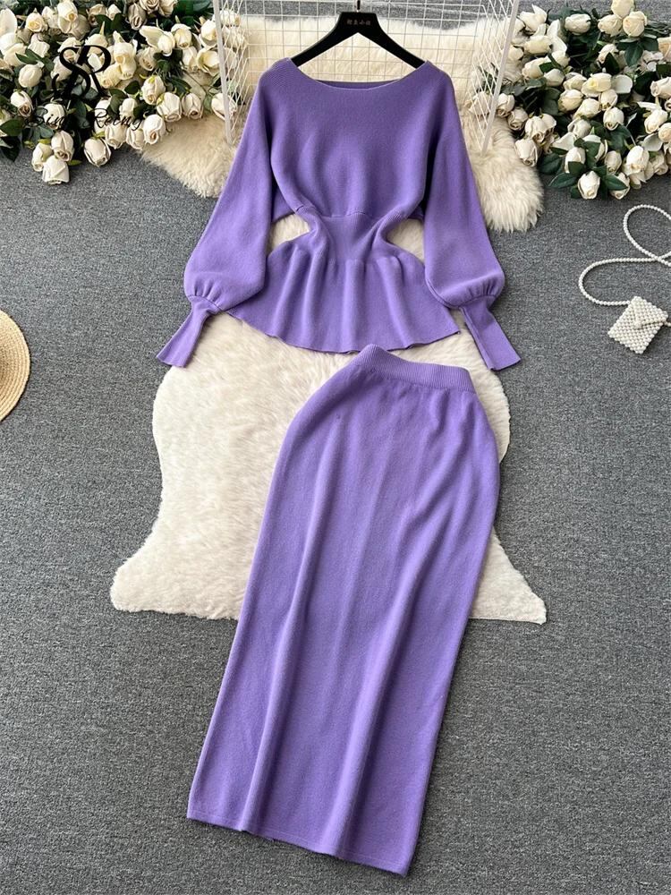 Sing補強-女性のシックなロングランタンスリーブジャンプスーツ,伸縮性のあるウエスト,タイトなトップ,スリット,無地,ニット,セーターセット_22