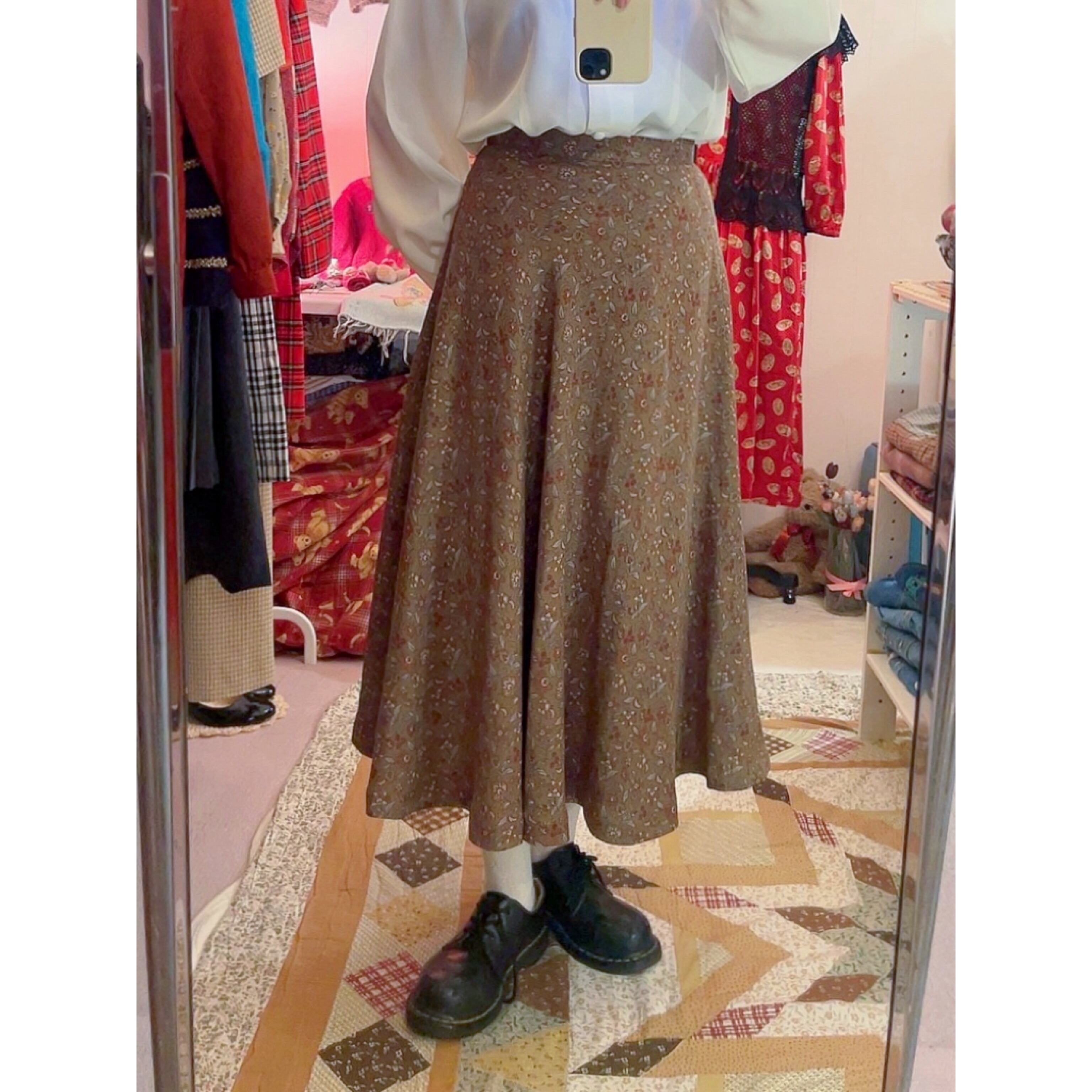brown flower leaf flare skirt