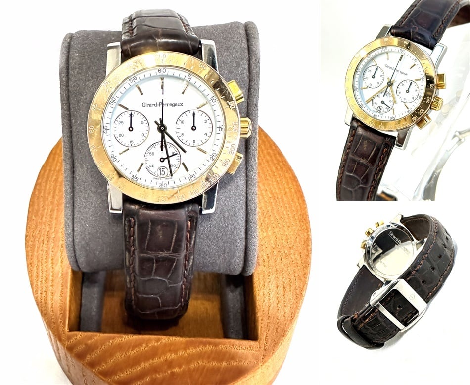 GIRARD-PERREGAUX ジラールペルゴ K18 YG イエローゴールド クロノグラフ デイト 34mm メンズ クロコレザー 時計 純正 7700