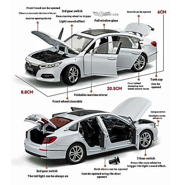 HONDA アコード CV3 1/24 ミニカー 全3色 ライト点灯 エンジンサウンド 合金モデル 模型