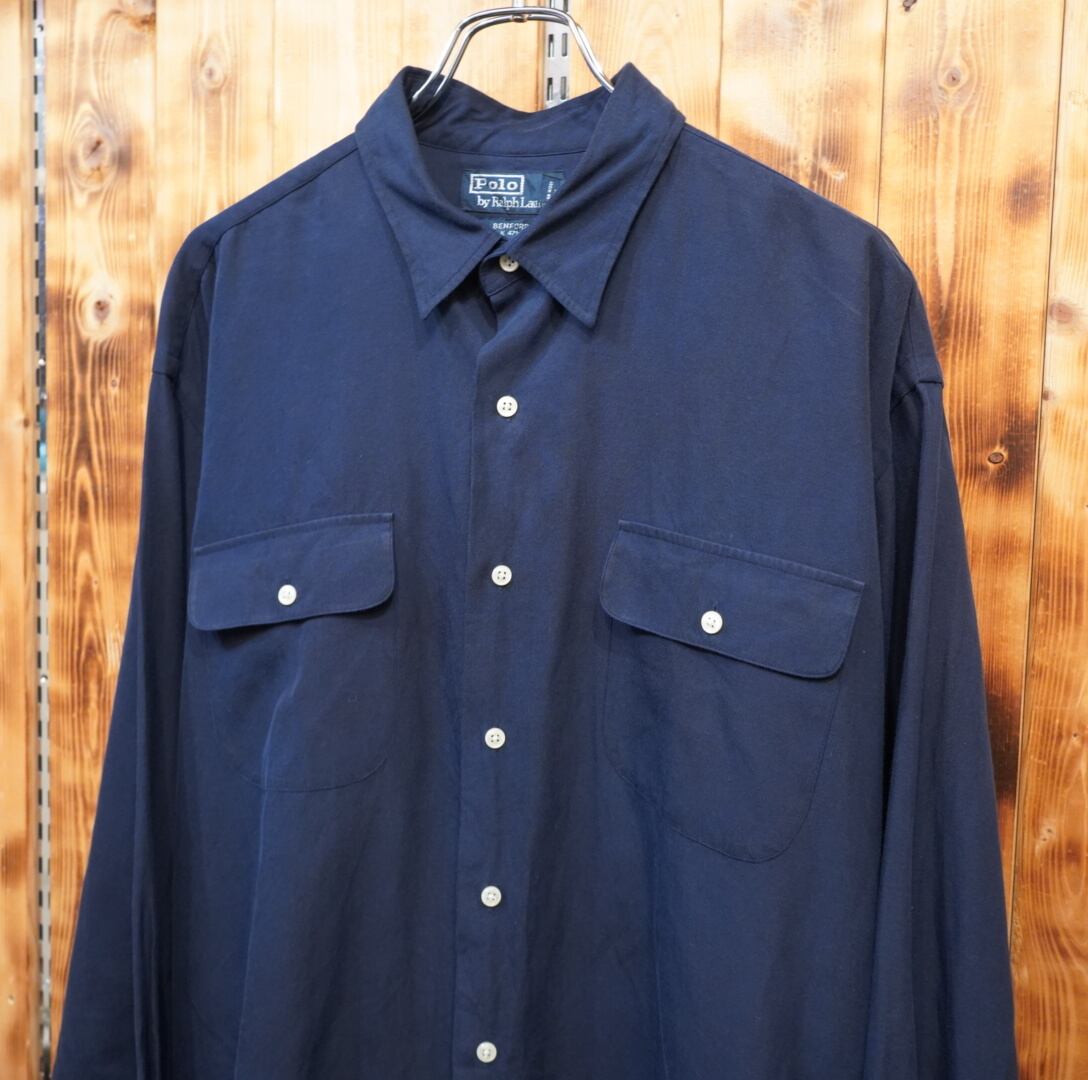 90s ralphlauren benford シルク コットン 長袖 シャツ XL/ネイビー
