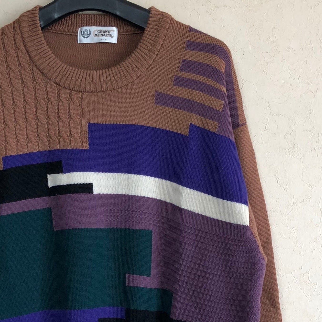 【Lサイズ】90's GRAND MONARCH by mizono ゴルフライン 太畝畝編み込み 細畝畝入り ニットセーター