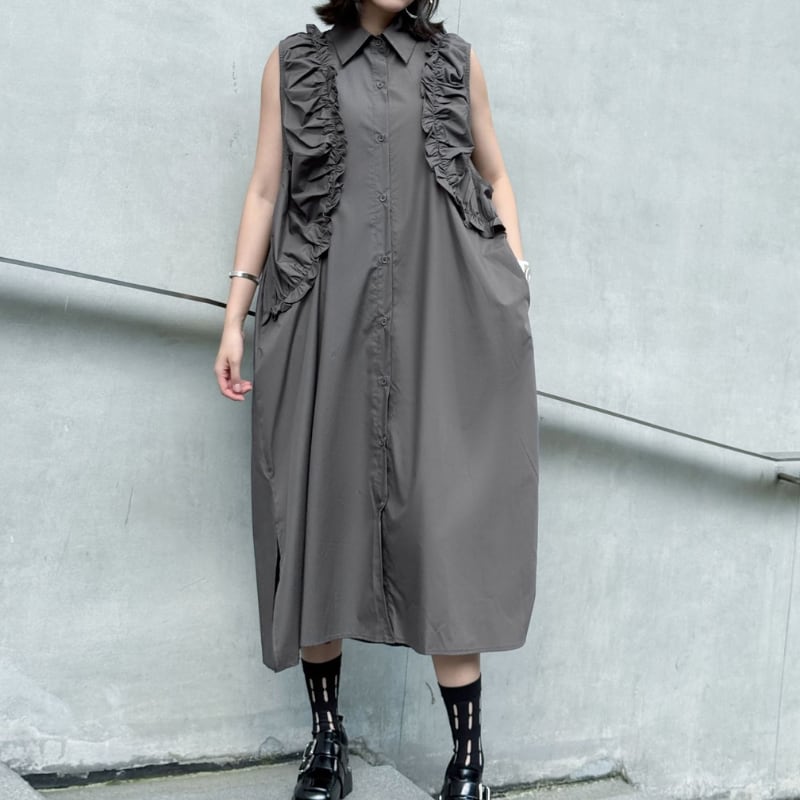 フレアスリーブ ロング丈 Aライン ノースリーブ シャツワンピース 2color ON0919