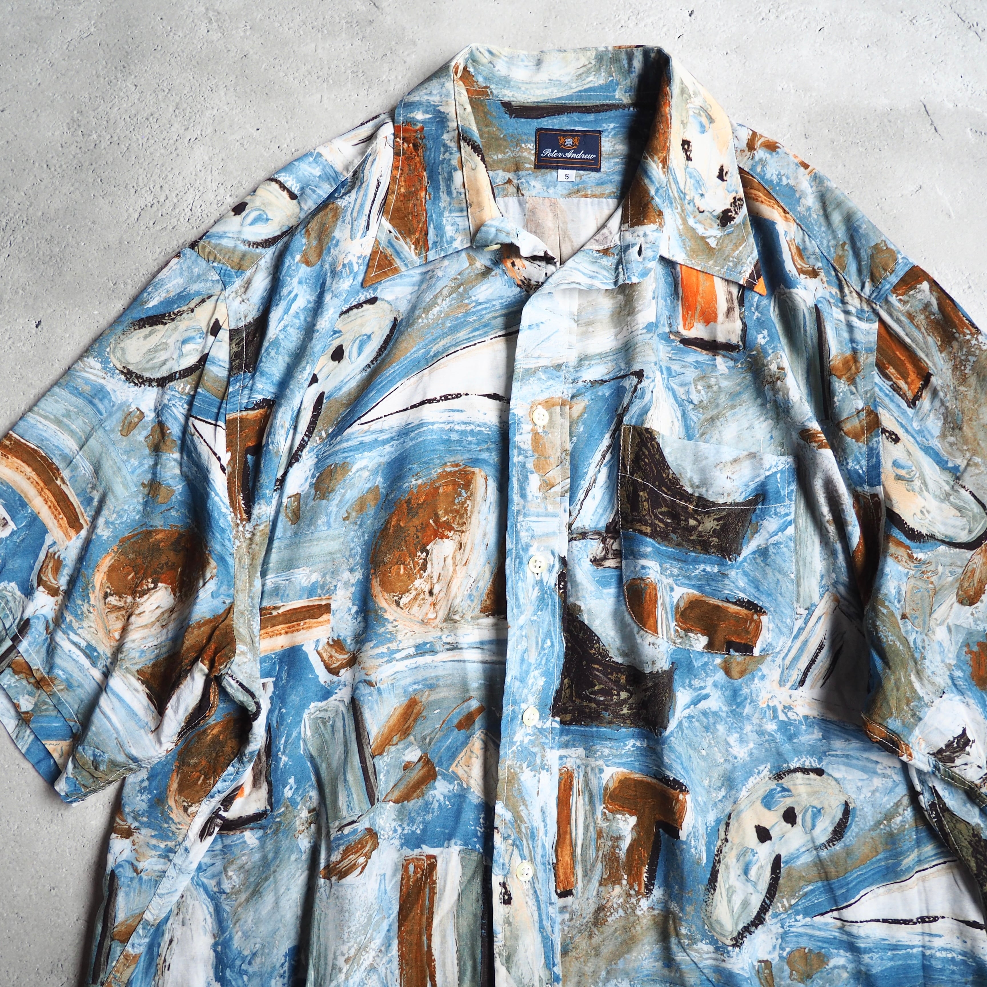 1970 - 80s Beautiful oil painted art vintage Drape loose SS rayon shirt
