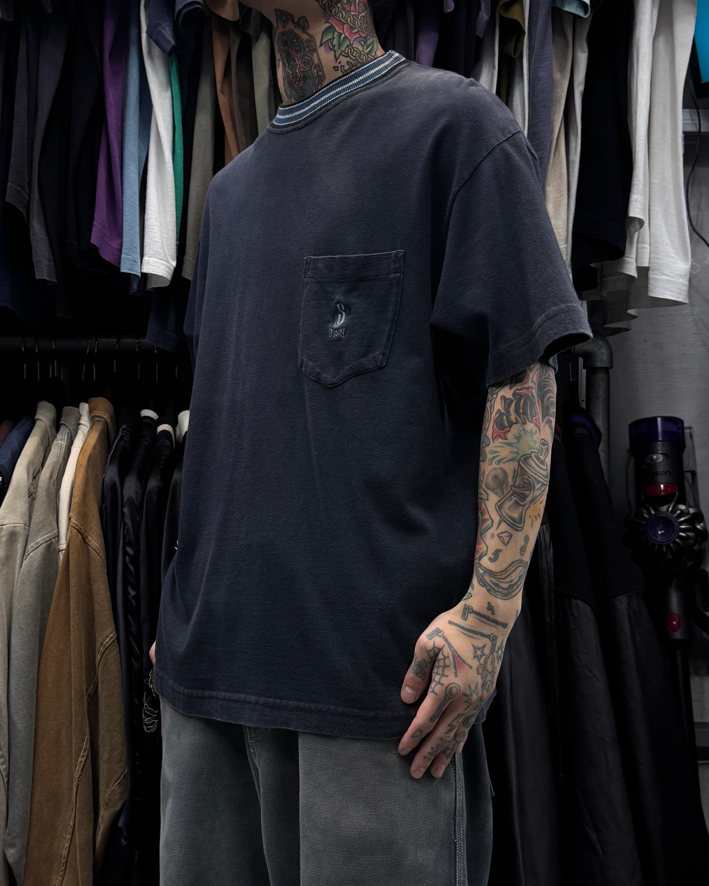 80's~90's old stussy Mock Neck Design Tee “黒タグ“ “モックネック