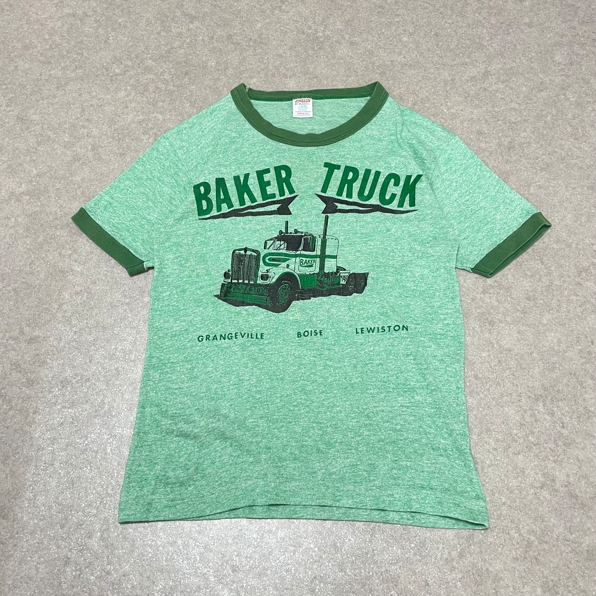 80s USA製 BAKER TRUCK リンガーTシャツ 霜降りグリーン レディース 