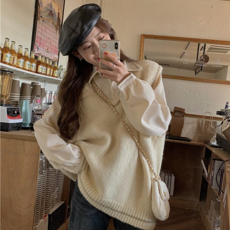 オータムウィンターVネックニットセーター ジャケット シャツ ロング 秋物 冬物 YY-ファッション34672033011