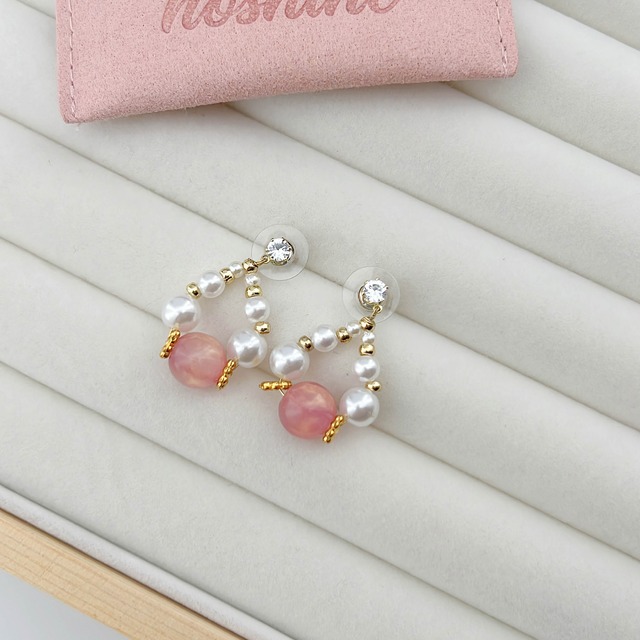 パール×ピンク天然石の可愛いピアス