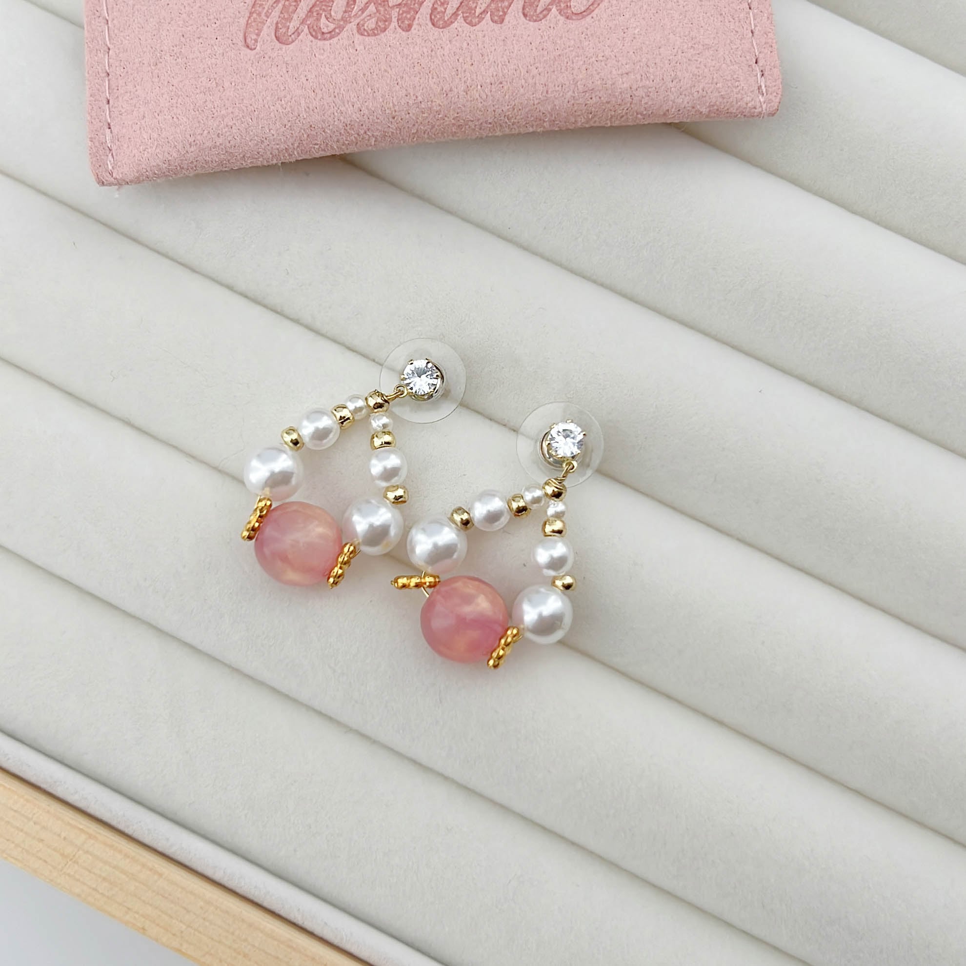 パール×ピンク天然石の可愛いピアス