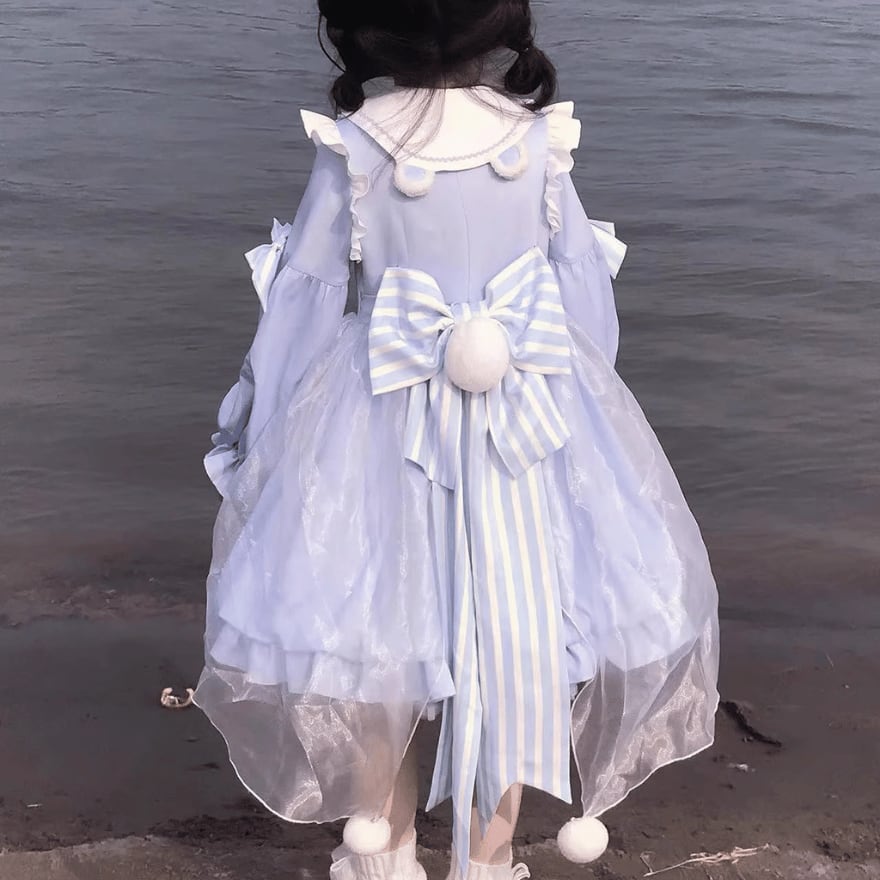 リズリサ　ワンピース　水色　レース　リボン　シンプル　ロリータ　メルヘン L♡ロリータワンピース 水色 ドレス 長袖 天使 イラスト リボン