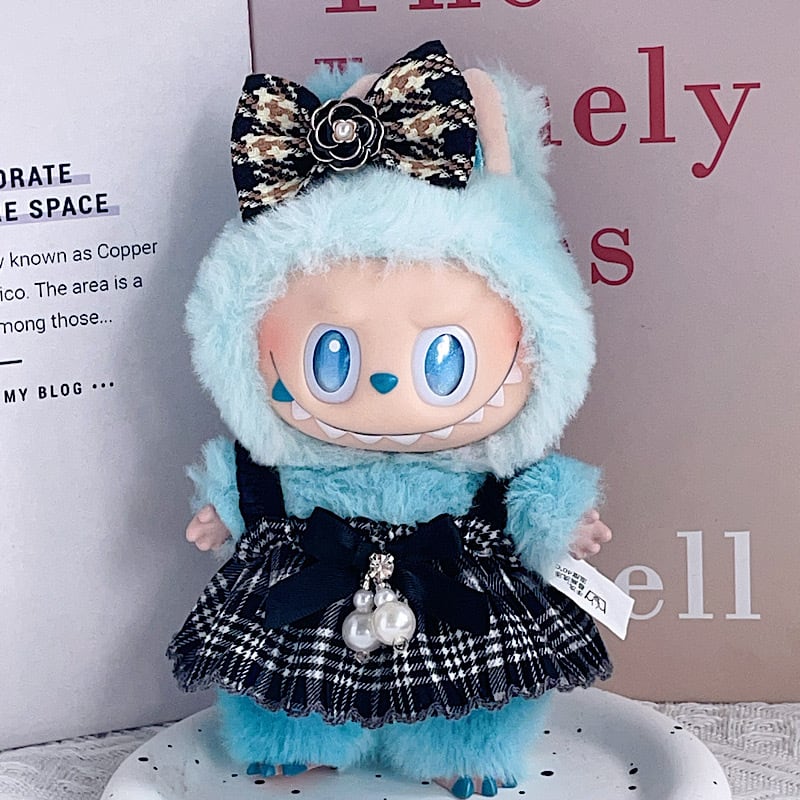 Labubu 1-3世代対応 レトロ チェック柄ワンピース+ヘアアクセサリー+