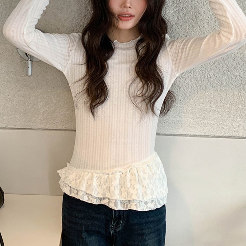lace panel cut-and-sew top　J00500