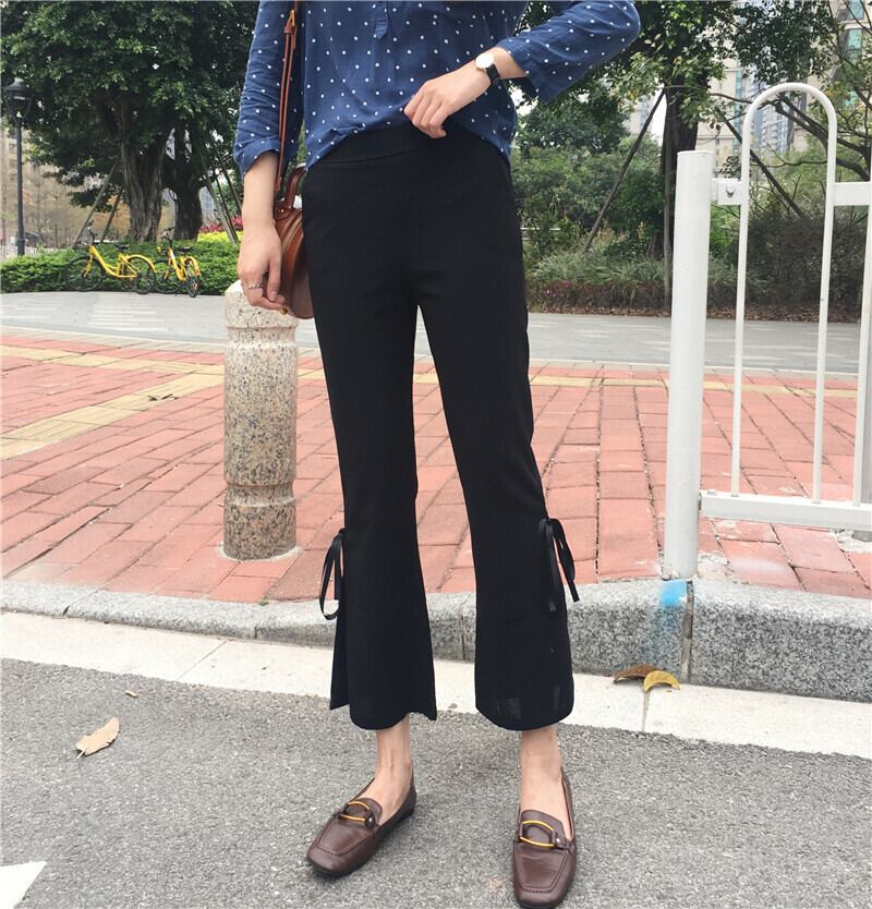 2020年初春新作ハイウエストサイドスリットナインポイントカジュアルパンツスリムスリミングレースアップフレアパンツ 1号婦人64719545830