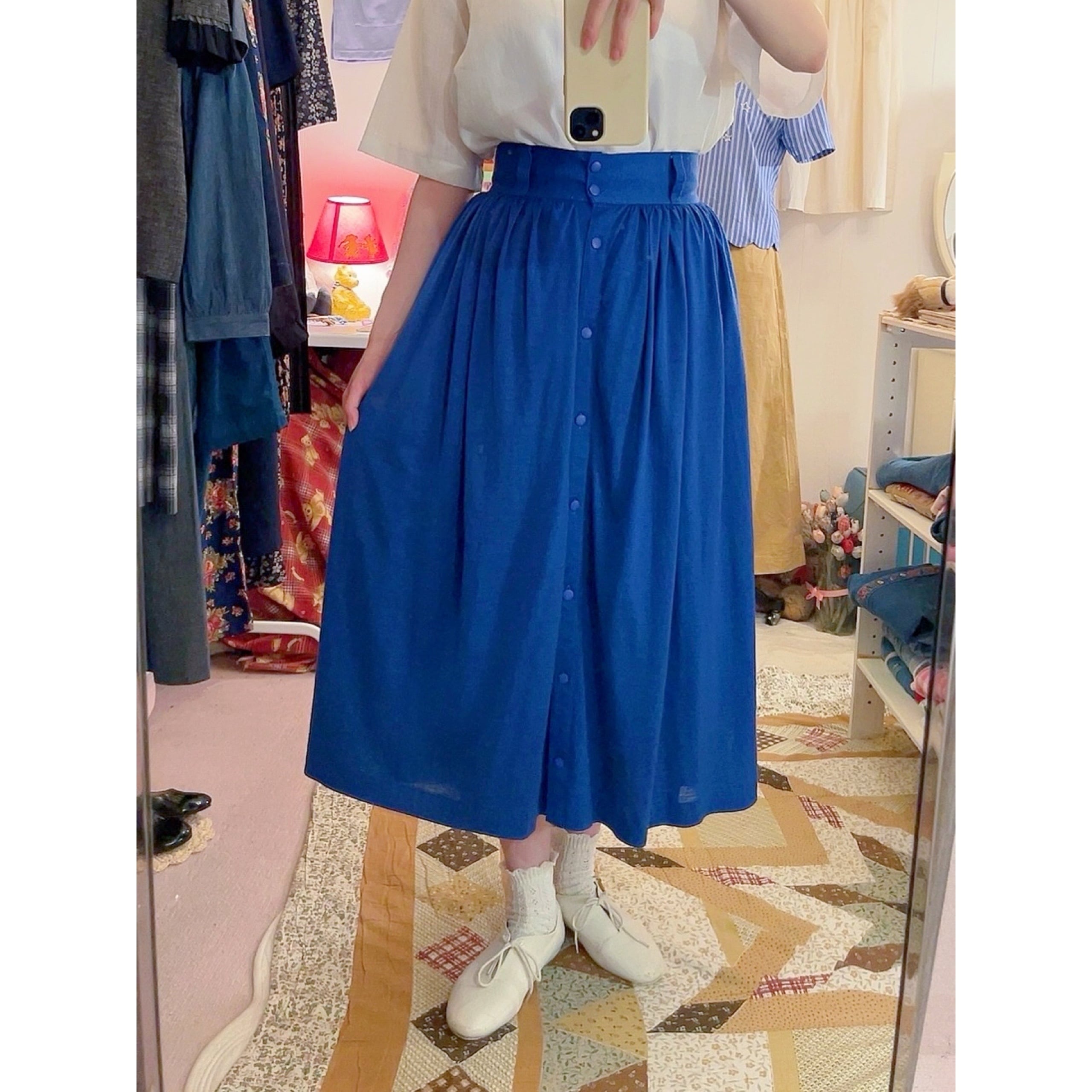 renoma / blue front button gather skirt