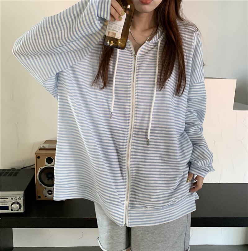 ストライプフードジャケット サマー薄手ルーズトップス ロング 夏物 YY-ファッション14213131417