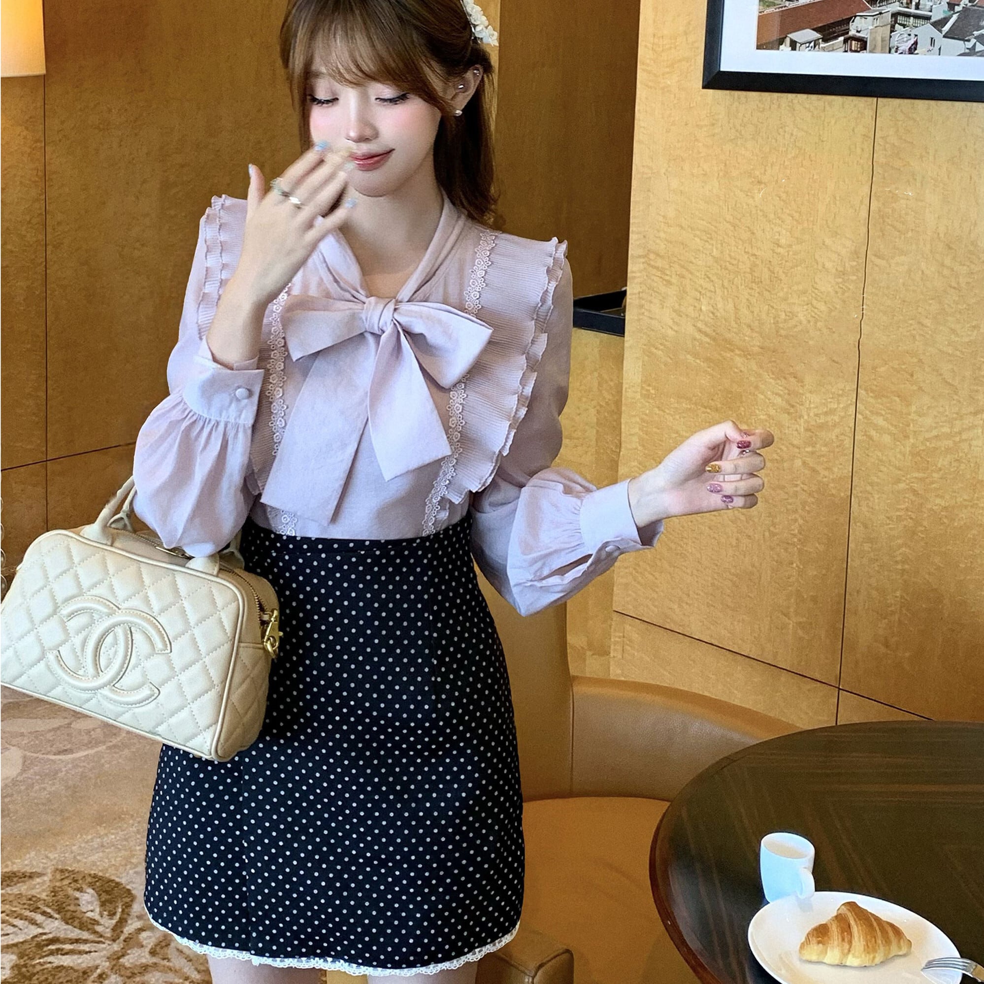 【set】リボンフリルトップス×レースドッキングドット柄スカートセット N3390