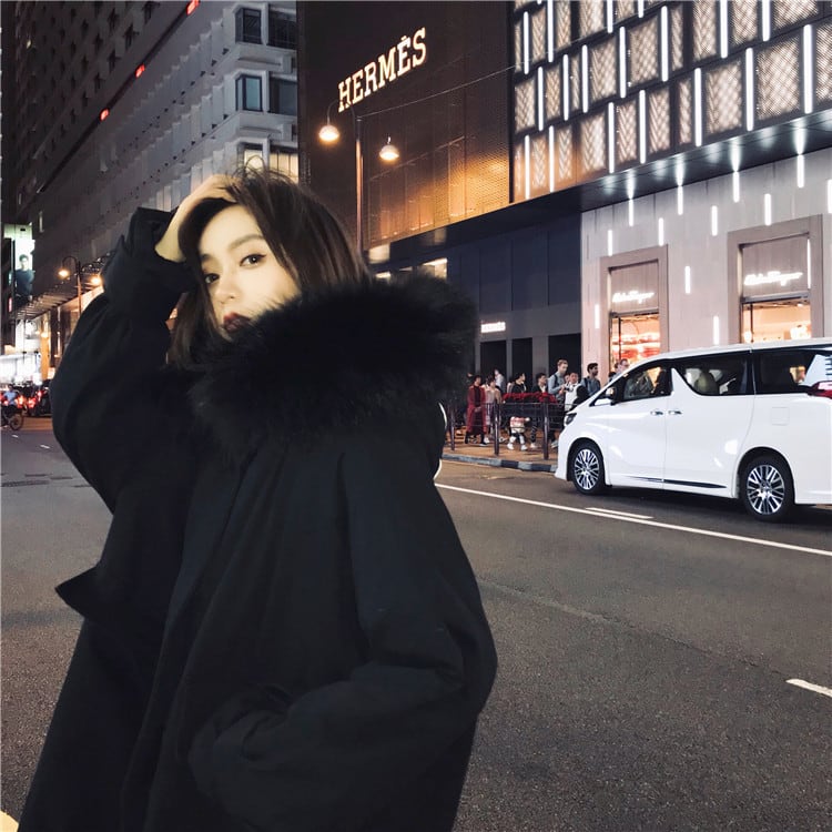 シックな雰囲気が魅力 韓国ファッション 綿の服 フード 厚手 緩い 子羊の髪 毛皮の襟 コート トレンド