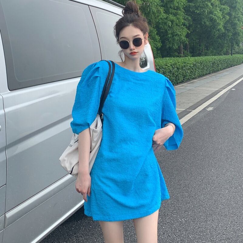 スリーブホルターソリッド カラールーズロングTシャツ トップス レディース ソリッドカラー ハンチェンe46966970589