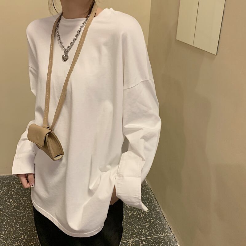 Tシャツ シャツ レディースルーズホワイトスプリングトップス ロング 春物 ブラックストロベリース41394216745