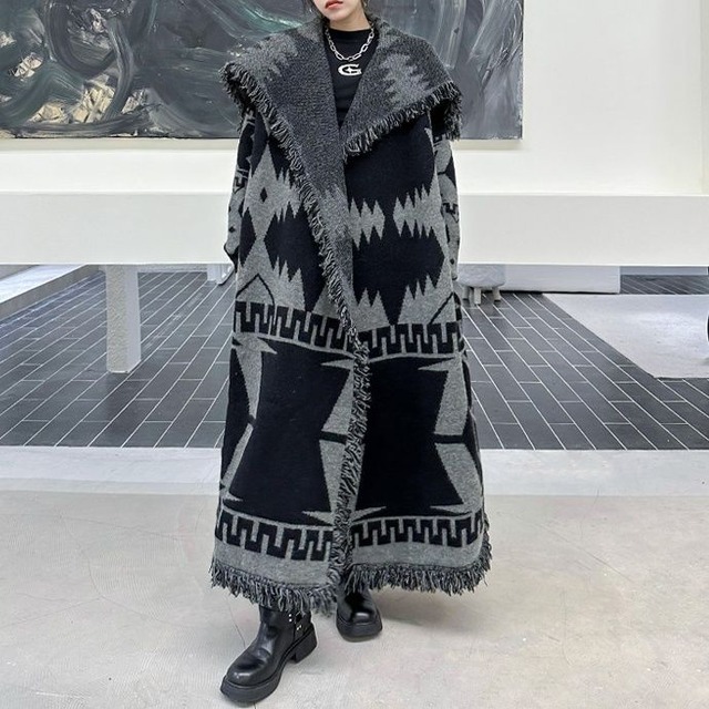 FRINGED LONG RELAXED KNIT OPEN CARDIGAN COAT M-18112