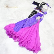 ベリーダンス オリエンタル 衣装 上下セット パープル系 レース 紫 黒 花 装飾 豪華 ラインストーン フリンジ キラキラ 華やか 舞台 ダンス衣装 スリット トップス スカート ステージ ツーピース ブラック系 シルバー系