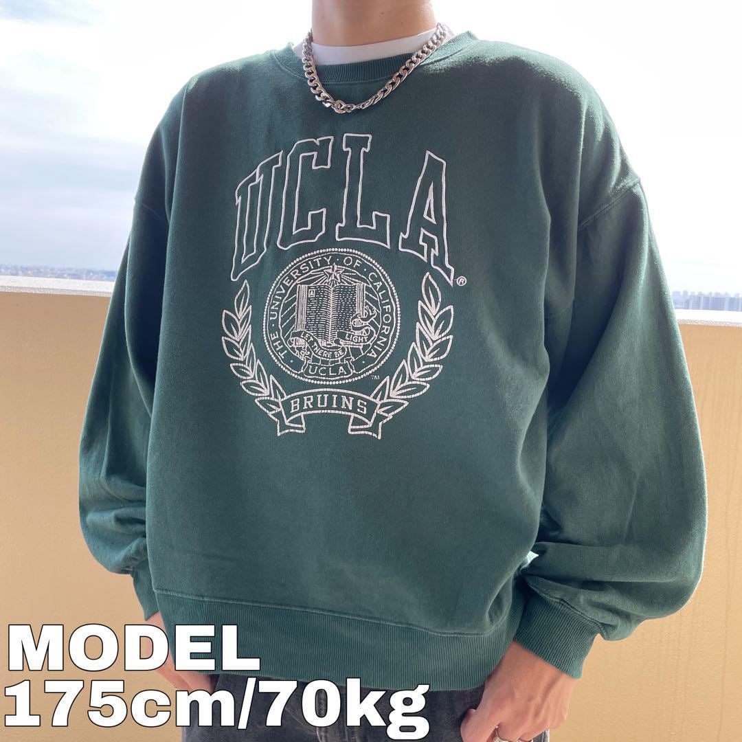 カレッジ スウェット UCLA グリーン緑 XL USA古着 ビッグ刺繍ロゴ