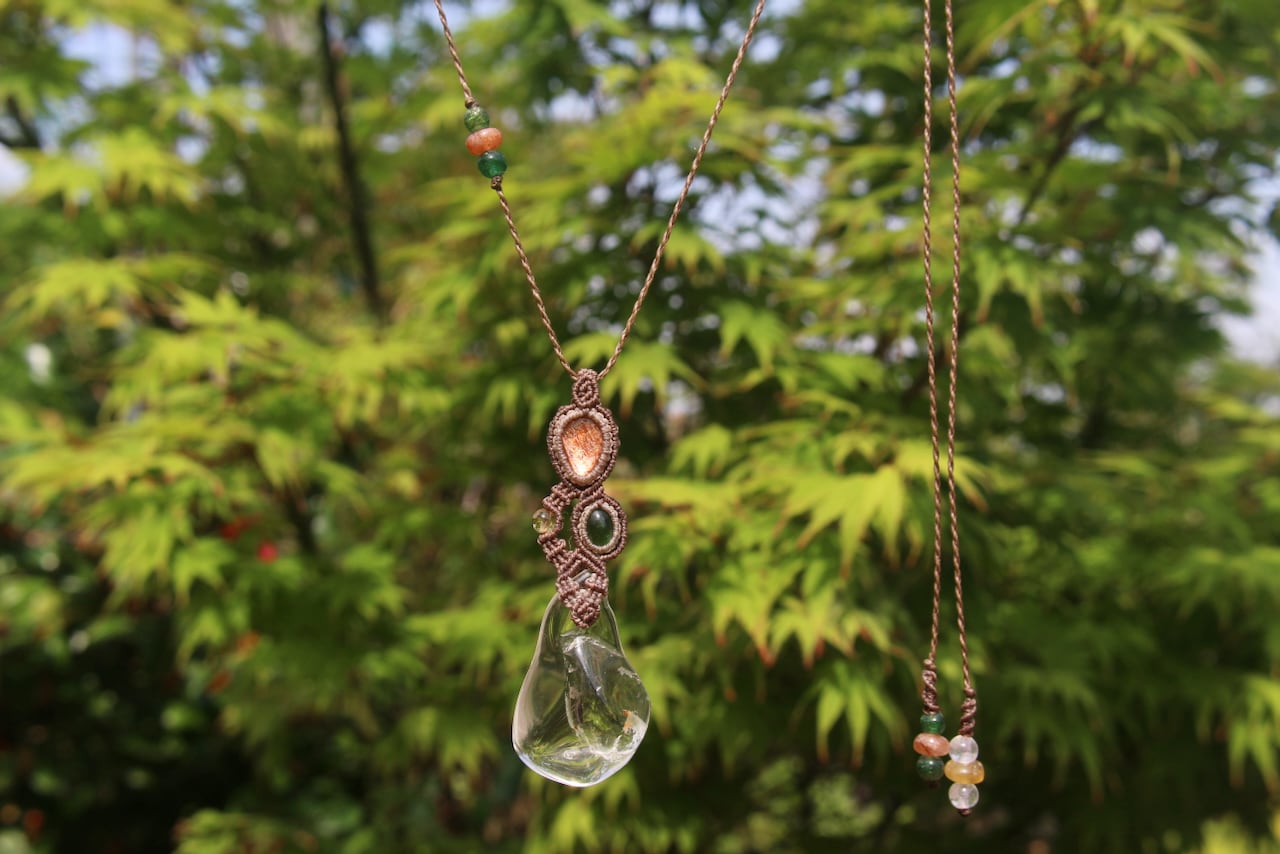 Healing crystal & Sunstone & Chrome Tourmaline micro macrame pendant