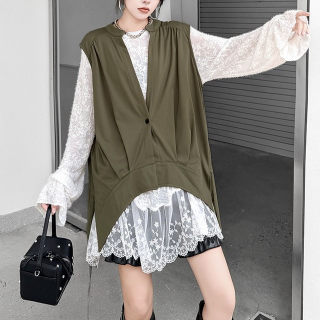 V-NECK DRAPED ASYMMETRIC HEM DRAWSTRING VEST M-18106