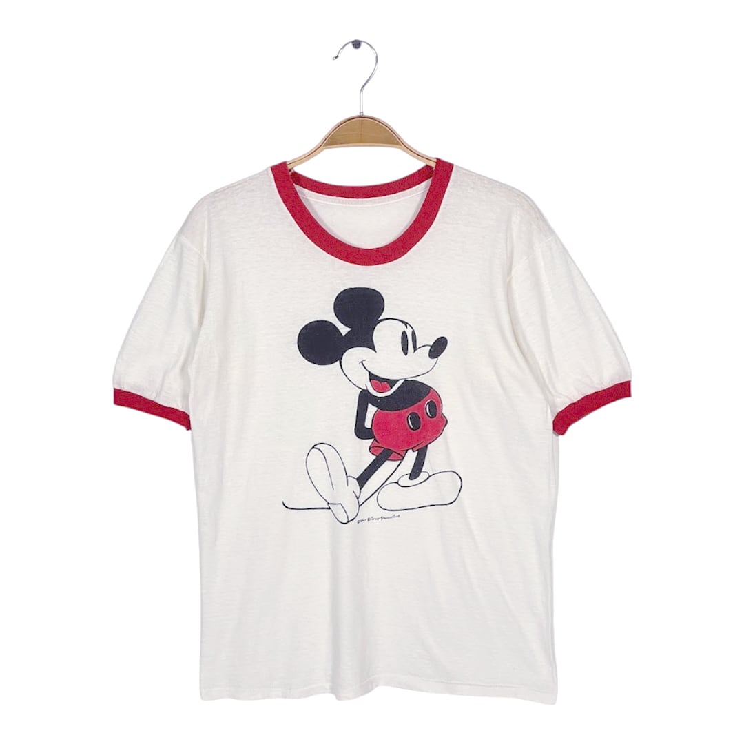70s 80s ミッキーマウス 白足 ヴィンテージ Tシャツ リンガーTシャツ ウォルトディズニー ディズニーオフィシャル サイズM相当 古着 BB0788