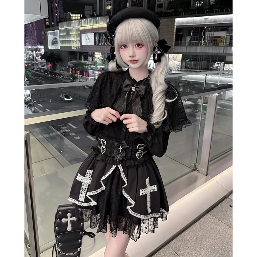 ゴスロリ ブラウス フリルケープ×リボン装飾 白黒配色 クラシカル
