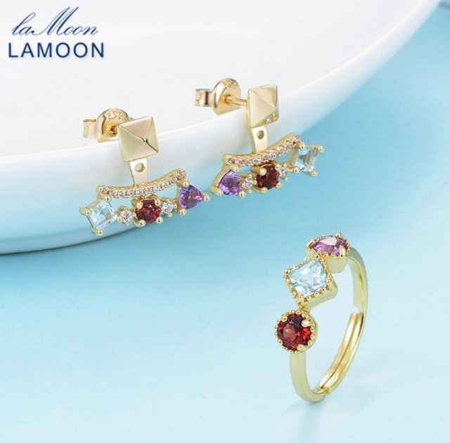 LAMOON　お得　ジュエリー２点セット　リング　ピアス　ピラミッド　0.7ct  3ミリメート 天然アメジスト ガーネットパーツ　925スターリングシルバー　V013-9　SKU-473