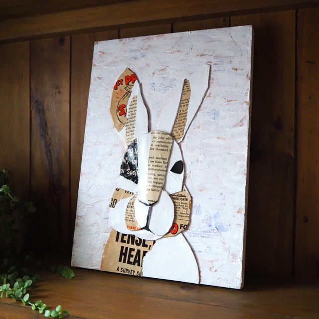Leather collage art (rabbit) A4 size wooden panel