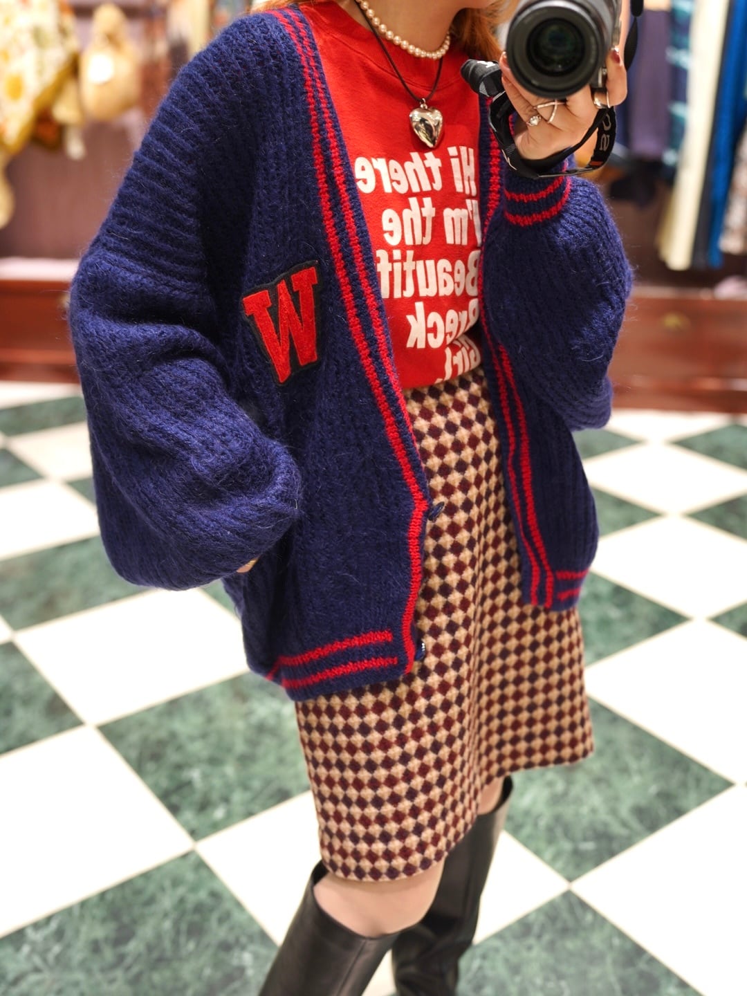 Vintage "Navy & Red Lettered Knit Cardigan"