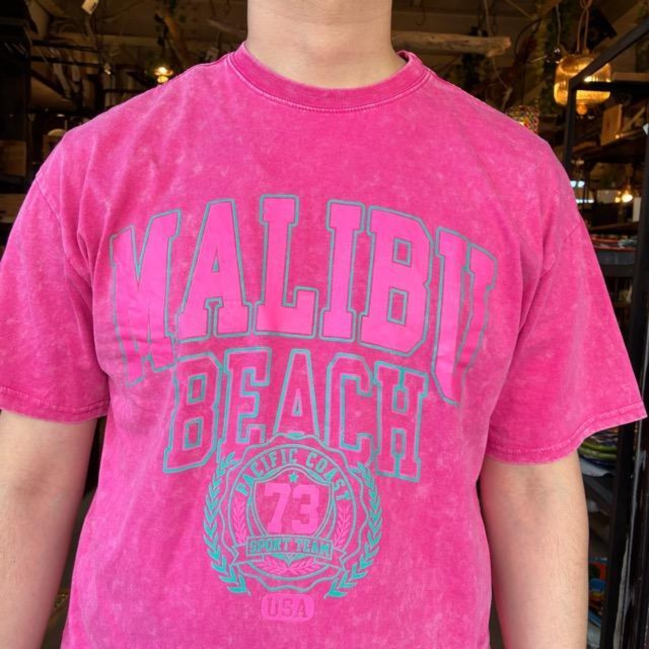 TOPANGA Lady's　ピグメントダイグラフィックTシャツ　MALIB BEACH　 ピンク　ロゴ　マリブビーチ　カットソー　M　L　XL　メンズ　レディース　ユニセックス