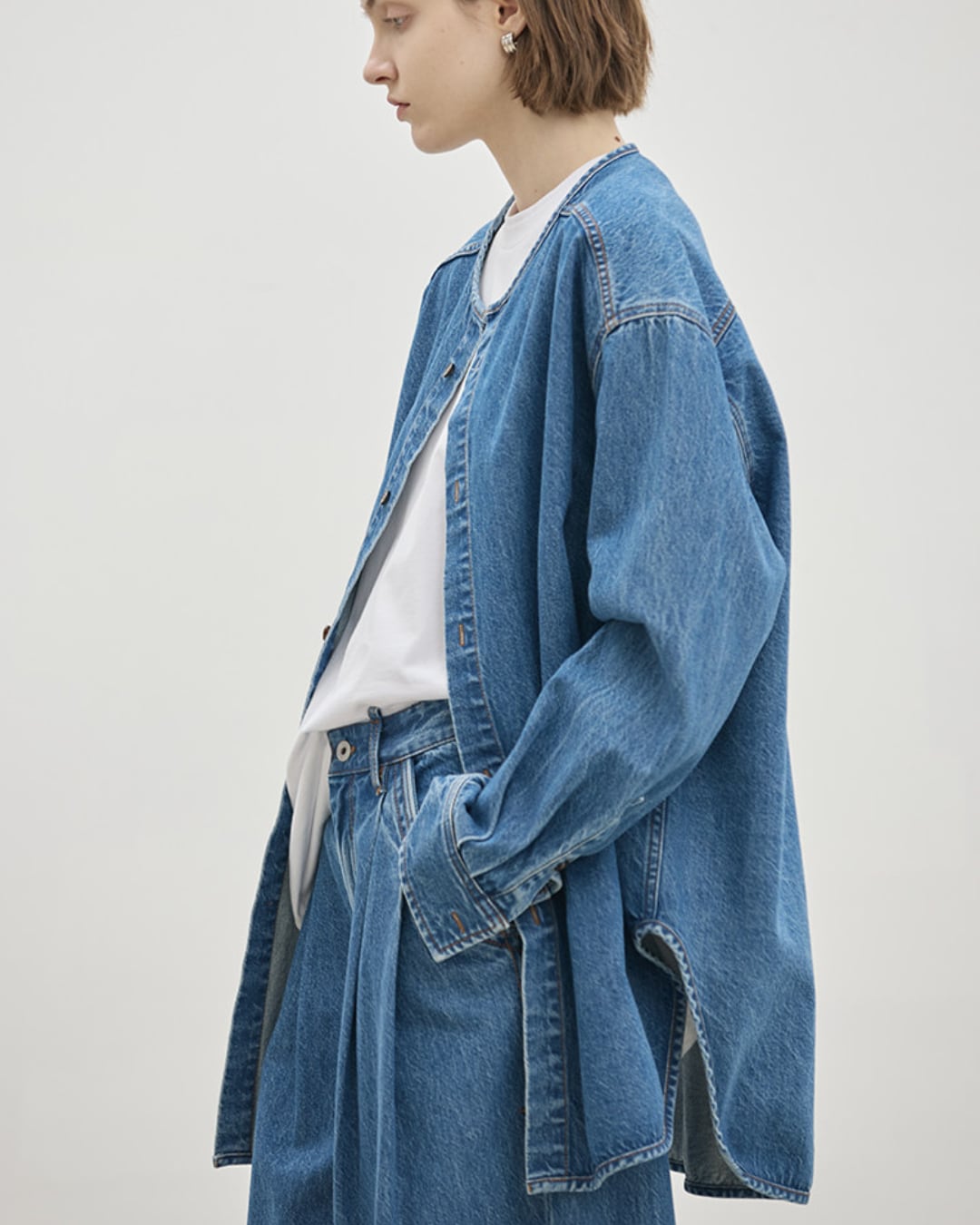 Oversized Collarless Denim Shirt