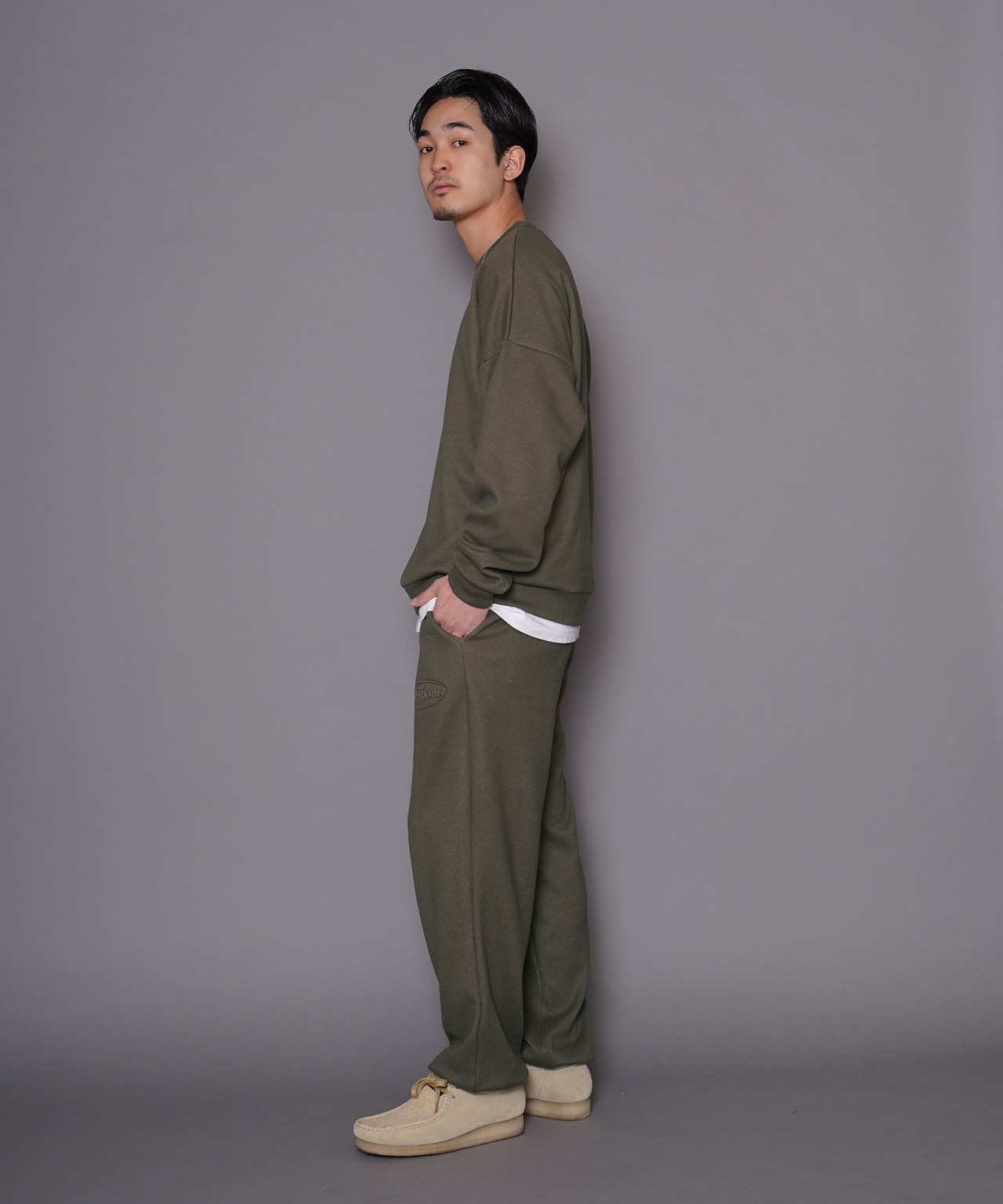 【#Re:room】EMBOSS LOGO STRETCH RIB WIDE PANTS［REP199］