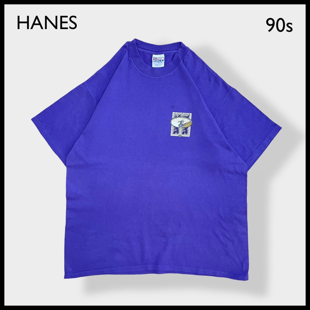 【HANES】90s USA製 X-LARGE ワンポイントロゴ Tシャツ バックプリント ハワイ サーフィン デザイン イラスト ヘインズ パープル 半袖  US古着